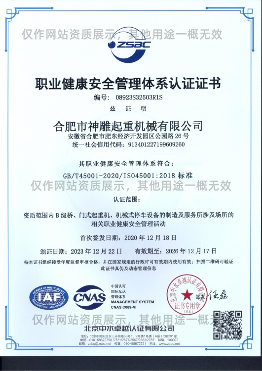 神雕起重職業(yè)健康安全管理體系認(rèn)證證書 神雕起重職業(yè)健康安全管理體系認(rèn)證證書